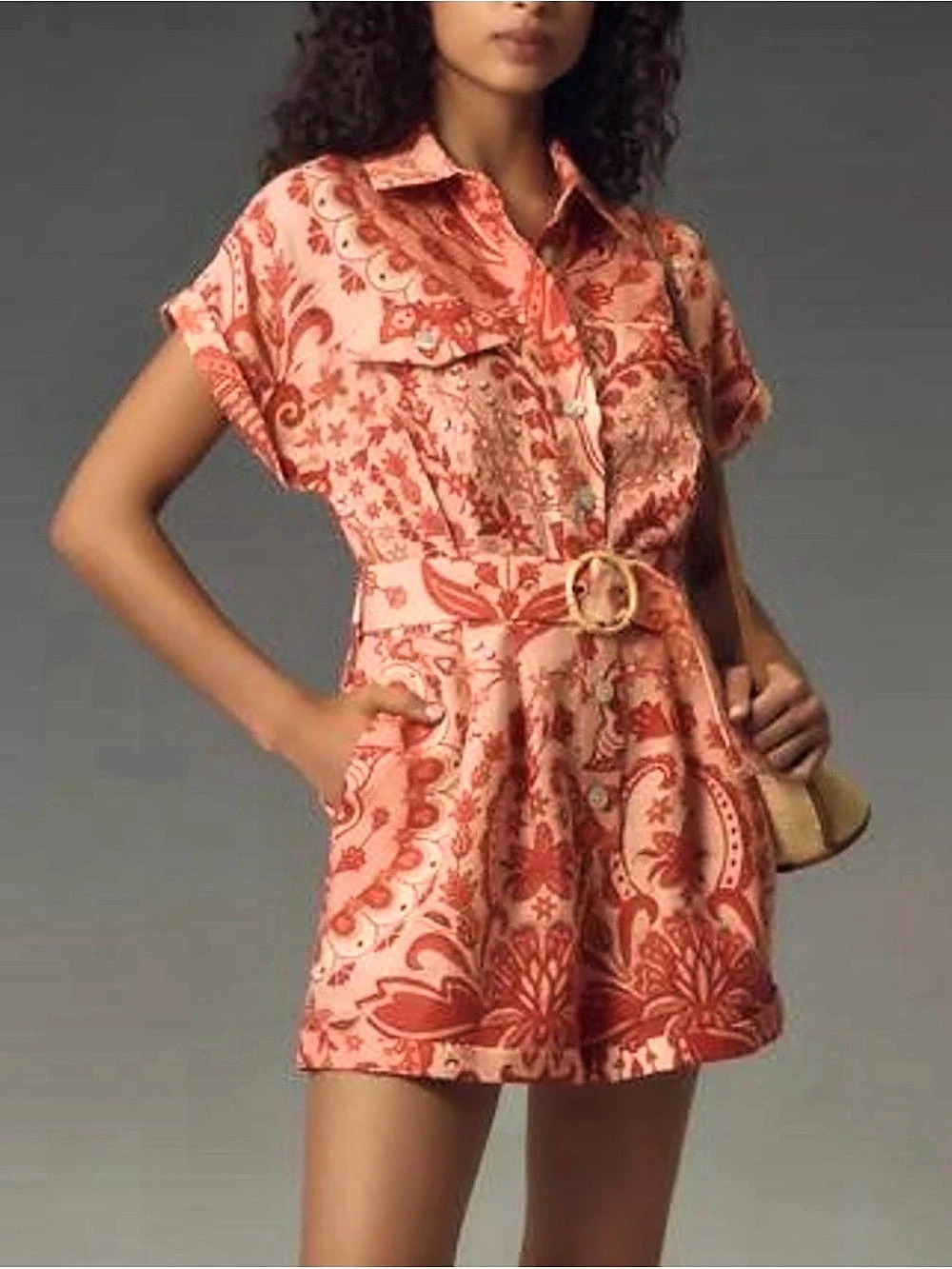 Farm Rio Tropical Cameo Belted Romper Pink & Red Large NWOT